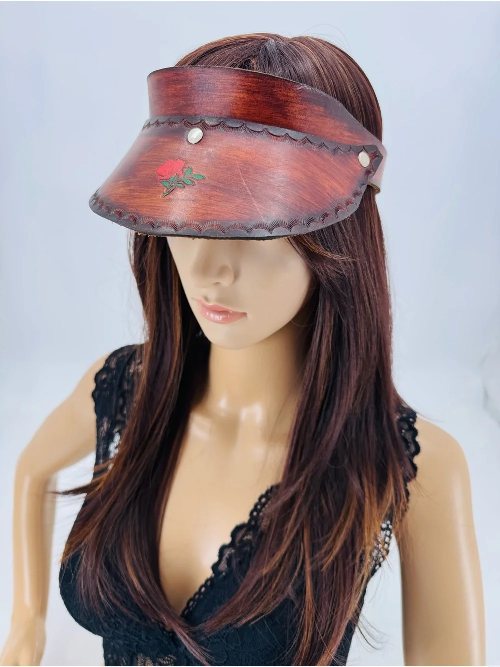 Vintage 70s Boho Hippie Groovy Western Tooled Leather Floral Sun Gambler Visor